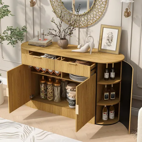 Knocbel Modern Strip Sideboard with Oval Top, 2 Doors & 2 Drawers and Aluminum Handles, Storage Cabinet with Curved Side Door and 3-Tier Shelves,