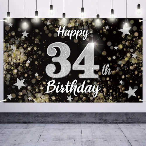 Miniatura 27 de Decoración de feliz cumpleaños 37, cartel grande de fondo de cumpleaños de 37 años con estrella de ensueño negro y plateado – Decoración de fiesta