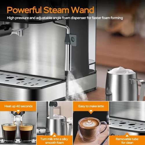 Miniatura 3 de Plum chef Máquina de café espresso profesional de 20 bar con espumador de leche, doble disparo, compatible con cápsulas ESE, tanque de agua