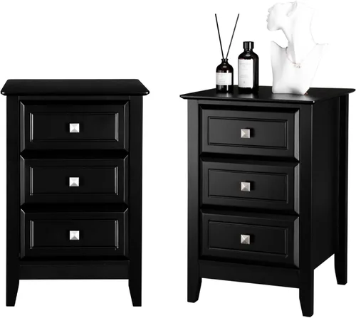 Bonnlo - Juego de 2 mesitas de noche con 3 cajones de almacenamiento para el dormitorio, la sala de estar o la habitación de los niños, color negro