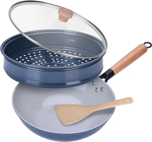 Miniatura 7 de Wok antiadherente con cesta para cocinar al vapor, sartenes para freír de 12 pulgadas con tapa, sartenes de fondo plano multifuncionales Utensilios