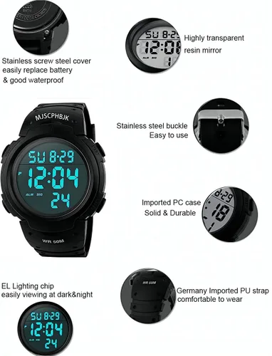 Miniatura 5 de Reloj deportivo militar, a prueba de agua, con luz LED en la pantalla, alarma, cronómetro, resistente al agua hasta 50 m de profundidad, para hombre.