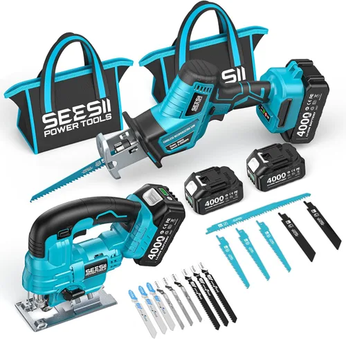 Miniatura 9 de SEESII Sierra de vaivén inalámbrica, motor sin escobillas de velocidad variable de 3500 RPM con 8 hojas de sierra, 2 baterías de 4.0Ah, luz LED