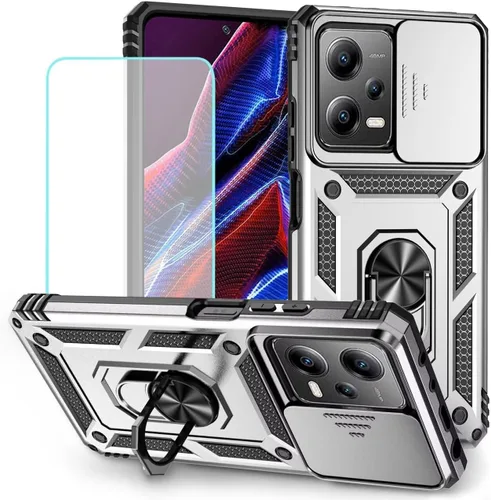 Funda para Redmi Note 12 Pro con protector de pantalla de vidrio templado y cubierta de cámara deslizante, cubierta magnética con soporte de anillo