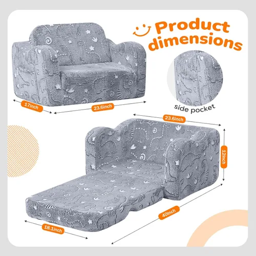 Miniatura 2 de MeMoreCool Sofá de dinosaurio para niños, silla plegable para niños pequeños, sofá abatible que brilla en la oscuridad, asiento convertible