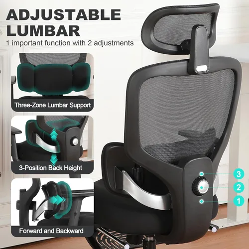 Miniatura 4 de Silla de oficina ergonómica con reposapiés, silla de escritorio de malla con reposacabezas y reposabrazos ajustables y soporte lumbar dinámico Rosa