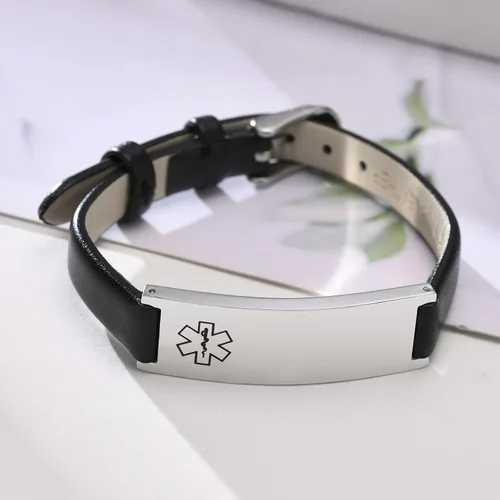 Miniatura 29 de MPRAINBOW Pulsera de alerta médica personalizada para mujer, correa de reloj de cuero genuino, grabado de doble cara, diabetes, epilepsia, joyería