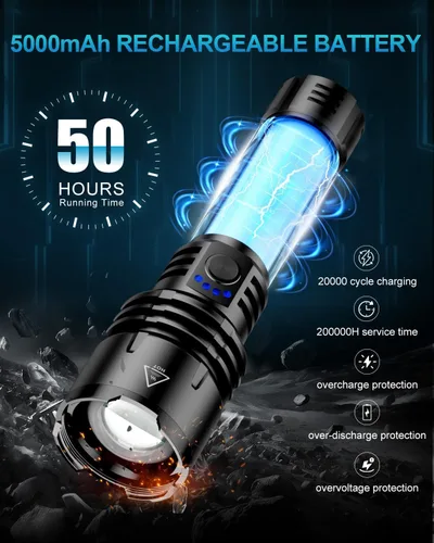 Miniatura 8 de Linterna de 2000 lúmenes de alta luminosidad con lente de encendido, linterna LED recargable superbrillante con zoom, 5 modos, impermeable, linterna