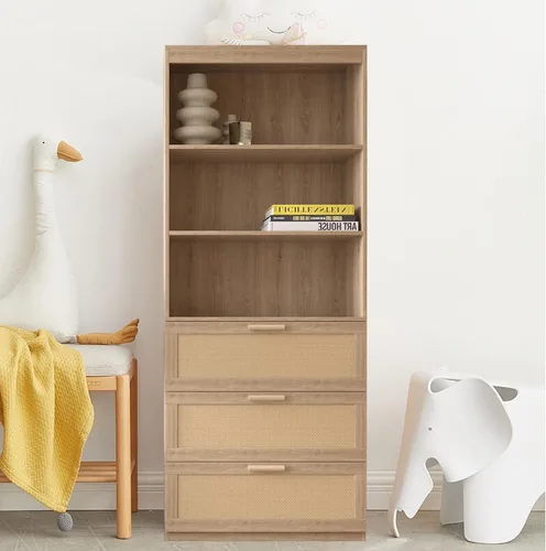 Miniatura 9 de SSLine Gabinete bohemio de ratán para oficina en casa de 71 pulgadas de alto, estantería de madera con 3 puertas decorativas de ratán y 3 estantes