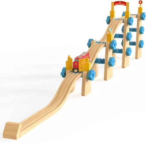 Miniatura 5 de Juego de construcción de pistas de tren de madera, 115 piezas, juguetes modulares STEM ferroviarios, paquete de expansión #3 Construye grúa torre