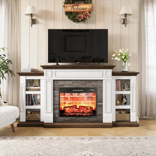 LGHM Chimenea eléctrica de 72 pulgadas con repisa, soporte de TV para televisores de hasta 80 pulgadas, centro de entretenimiento estilo granja con