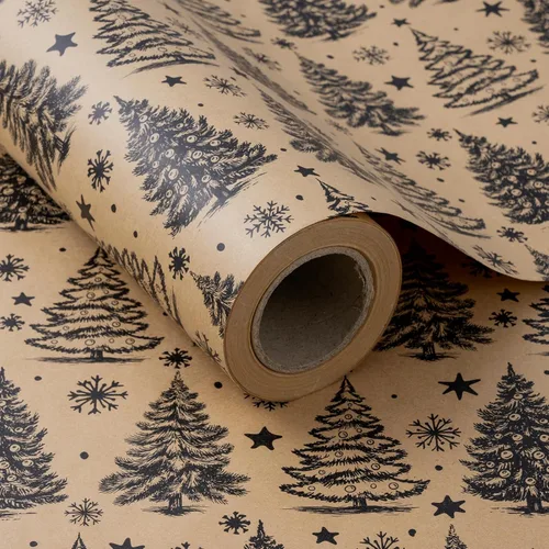 RUSPEPA Papel de regalo de Navidad, rollo jumbo de papel kraft – diseño de árbol de Navidad negro y copo de nieve para envolver regalos navideños –