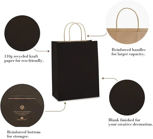 Miniatura 5 de BagDream 75 bolsas de papel kraft de 5 x 3 x 8 y 8 x 4.25 x 10 y 10 x 5 x 13 pulgadas, bolsas de regalo negras con asas a granel para manualidades