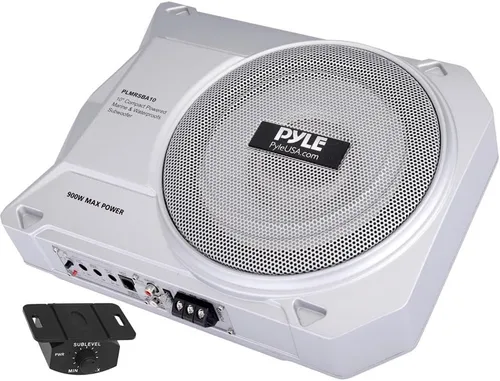 Pyle - Sistema de subwoofer amplificado de perfil bajo de 10 pulgadas, subwoofer compacto de 900 vatios para automóvil bajo asiento marino activo