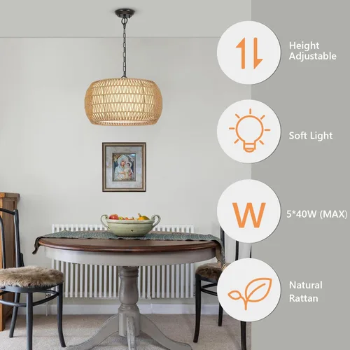 Miniatura 3 de Accesorios de iluminación de lámpara de araña de ratán estilo granja, lámpara colgante grande bohemia de 5 luces, candelabros tejidos a mano