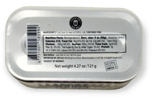 Miniatura 4 de Hígado de bacalao viejo Riga enlatado en aceite propio, 4.27 onzas, fuente natural de omega-3, rico en vitaminas A y D, de bacalao fresco