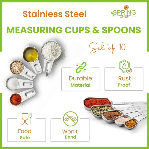 Miniatura 2 de Spring Chef Stainless Steel Measuring Cups and Spoons Set of 10, Nesting Kitchen Metal Measuring Cups and Spoons Set for Dry and Liquid Ingredients