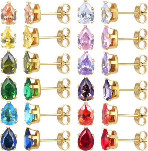 Juego de 12 pares de aretes tipo dormilona de acero inoxidable quirúrgico chapados en oro de 18 quilates, corte princesa, forma de lágrima cuadrada,