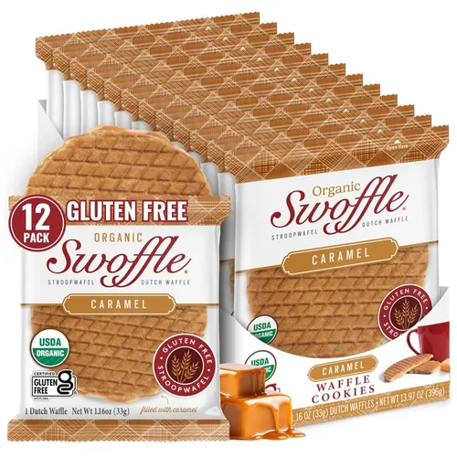 Stroopwafels Orgánicos Certificados Sin Gluten de Swoffle - Relleno de Caramelo | (16) Obleas de 1.16oz | Sin OGM, Sin Trigo, Kosher, Sin Soja y Sin