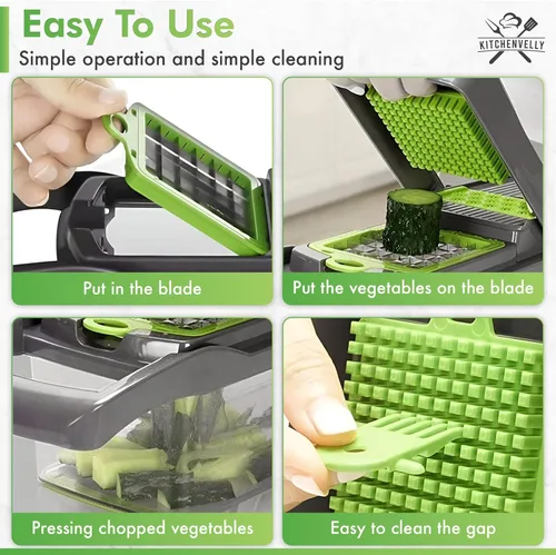 Miniatura 4 de Picador de verduras 16 en 1 con contenedor, picador de verduras y picador de alimentos, cortador de cebolla y verduras con 8 cuchillas de acero Verde