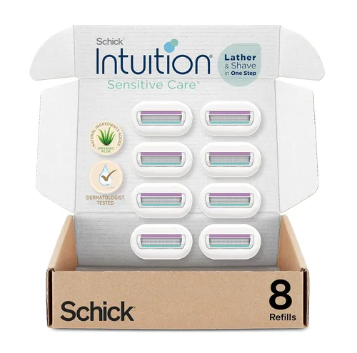 Schick INTUITION - Recambio de cuchillas de afeitar con aloe orgánico para mujeres pieles sensibles, 8 unidades (paquete de 1)