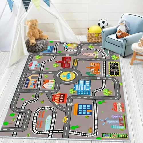 Miniatura 10 de Alfombra de coche para niños, 2 pies 7 pulgadas x 4 pies, alfombra de juego para trenes de autos de juguete, alfombra antideslizante para pista