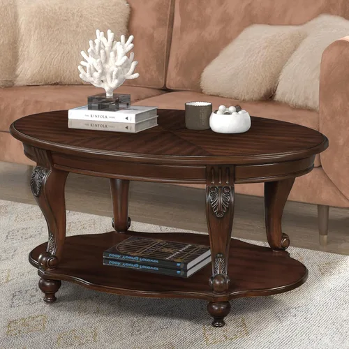 Miniatura 2 de Mesa de café ovalada de madera para sala de estar, mesa de café de dos niveles de madera maciza con estante de almacenamiento abierto, mesa