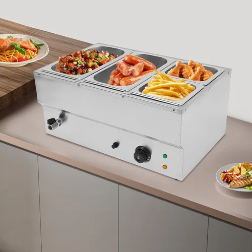 Miniatura 5 de Calentador de sopa de alimentos de 110 V, 4 sartenes, mesa de acero inoxidable de grado alimenticio, encimera comercial, cafetería de buffet
