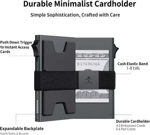 Miniatura 3 de SEMORID Cartera delgada de aluminio con tarjetero para hombre, Botón gris espacial-B, Cartera Rfid minimalista para hombre