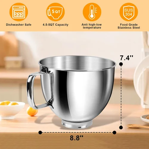 Miniatura 2 de Tazón de mezcla de 5 cuartos de galón para batidoras de pie KitchenAid, tazón de acero inoxidable de grado alimenticio con mango y cierre, Plateado