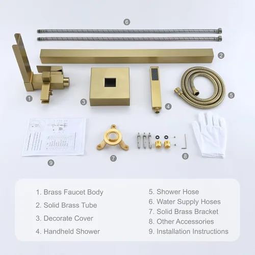 Miniatura 7 de Taplong Grifo de bañera independiente de oro cepillado con relleno de bañera de pie en cascada de alto flujo con ducha de mano-51001ZBGG