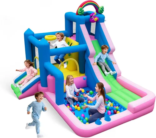 Casa de rebote inflable Flamingo para niños – Castillo inflable 10 en 1 con doble tobogán, piscina de bolas, aro de baloncesto, pared de escalada y