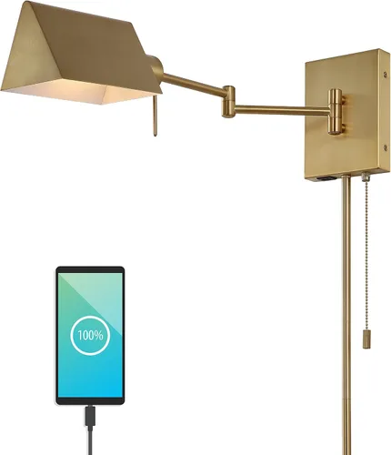 JONATHAN Y Aplique de pared con brazo oscilante dorado de latón de 22 pulgadas, enchufable o cableado con puerto de carga USB y cadena de tracción,