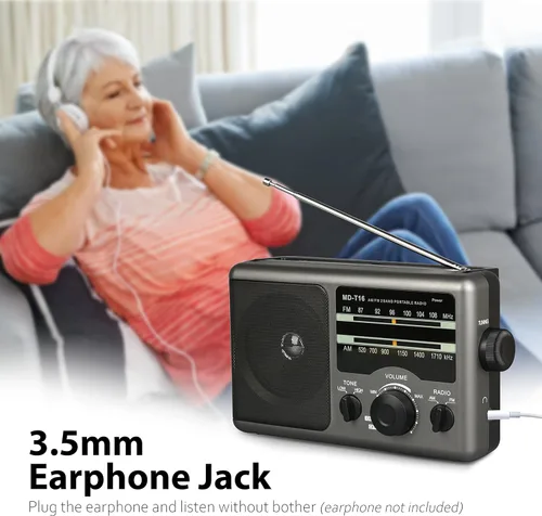 Miniatura 4 de Greadio Radio transistor de radio portátil AM FM con conector de auriculares de 0.138 in, modo de tono alto/bajo, altavoz grande, alimentación de CA