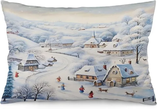 Miniatura 25 de Funda de almohada con escena de pueblo navideño con niños, fundas de almohada de 12 x 20 pulgadas, almohadas decorativas de Navidad para sofá, funda