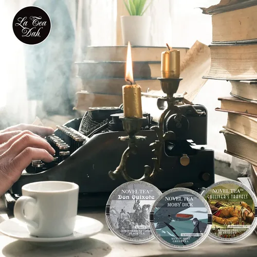 Miniatura 2 de Noveltea Cesta de regalo de té literario de La Tea Dah, 5 tés gourmet, agitador de miel y diario, regalos para escritores y lectores, juego