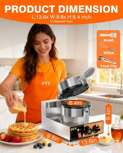 Miniatura 6 de PYY Gofrera Comercial - Plancha de Gofres Antiadherente de 1300W, Máquina de Gofres Belga Redonda de Acero Inoxidable 20Pcs/H, Control de Tiempo