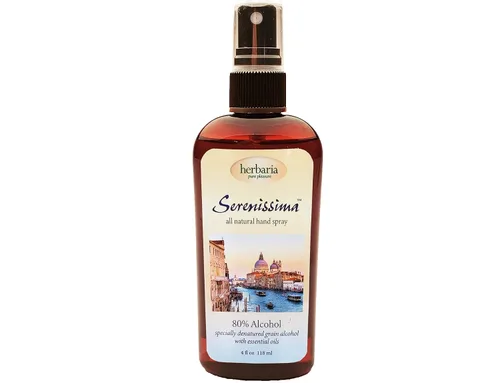 Herbaria Serenissima - Spray para manos totalmente natural con aceites esenciales, 4 onzas, 80% de alcohol de grano. Disfruta de jabones Herbaria y