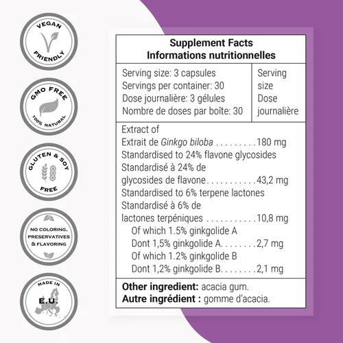 Miniatura 4 de Supersmart - Ginkgo Biloba 180 mg por porción - Extracto estandarizado al 24% de flavonglicósidos de ginkgo - Puede mejorar el rendimiento máximo