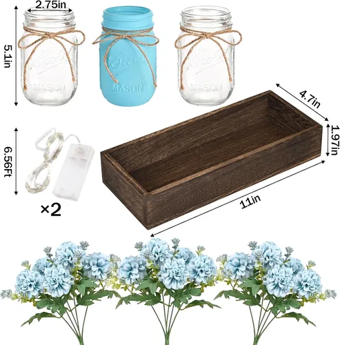 Miniatura 3 de BLEUM CADE Decoración de mesa de centro de mesa, 3 piezas de flores artificiales de hortensias en frascos Mason con bandeja de madera para mesa