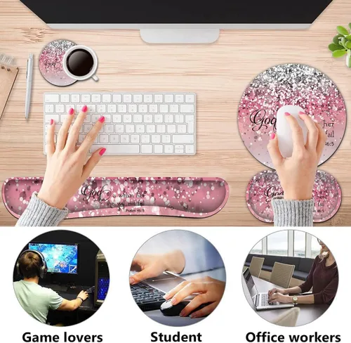 Miniatura 3 de Reposamuñecas para teclado + alfombrilla para mouse + reposamuñecas para mouse + posavasos, espuma viscoelástica ergonómica, juego de 4 alfombrillas