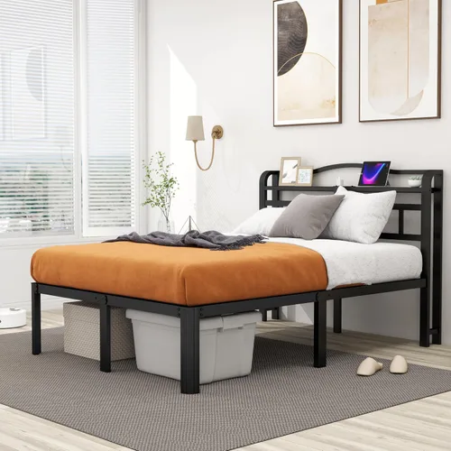 Miniatura 3 de Base de cama Queen con estación de carga y cabecero de 14 pulgadas, base de cama de metal grueso, base de colchón resistente, no necesita somier