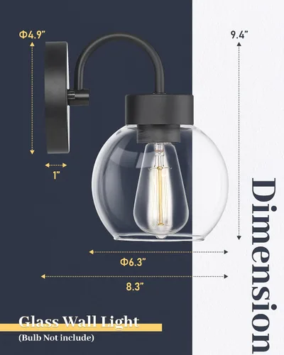 Miniatura 5 de EAPUDUN WLA1433-MBK - Lámpara de baño de 1 luz negra mate sobre espejo, luces de tocador con 1 globo de vidrio transparente, apliques de pared