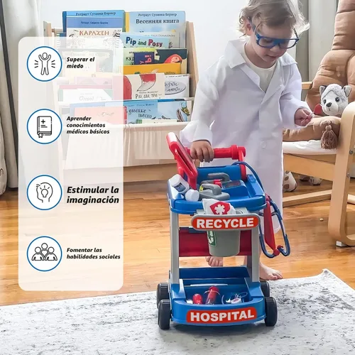 Miniatura 4 de Liberry - Kit de médico para niños pequeños de 3, 4 y 5 años, juego de médico con carrito, disfraz y estetoscopio, juego de rol, juguetes médicos