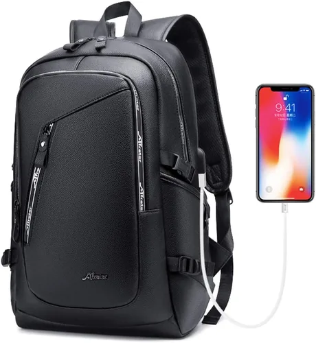DYJ Mochila de cuero vegano para laptop para mujeres y hombres, mochilas de viaje vintage de poliuretano con puerto de carga USB para laptop de 17