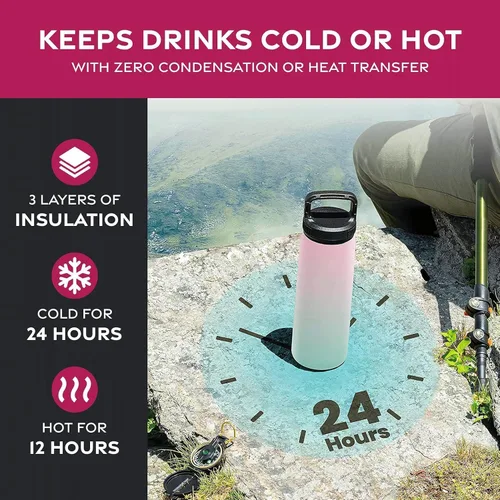Miniatura 3 de Botellas de agua de doble pared con aislamiento y pajilla, botella de metal de acero inoxidable con 3 tapas a prueba de fugas, para viajes, escuela