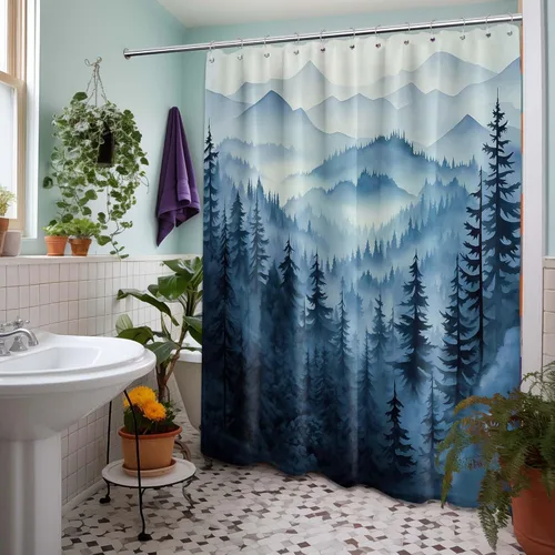 Miniatura 4 de Cortina de ducha azul marino de bosque Cortina de ducha azul oscuro de montaña y naturaleza para decoración de baño de hombres, tela impermeable