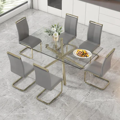 Miniatura 41 de Juego de 8 mesas de comedor de cristal, moderno juego de mesa de comedor de 71 pulgadas con 8 sillas de comedor tapizadas de piel sintética