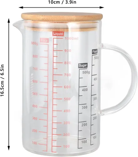 Miniatura 2 de Vaso medidor de vidrio, con boquilla en forma de V, con mango aislante, tazas medidoras de líquidos con tapa, para el hogar, uso en restaurantes