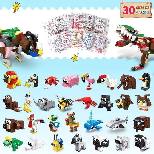 Miniatura 2 de HOGOKIDS 30 paquetes de recuerdos de fiesta para niños – 867 piezas de bloques de construcción de animales pequeños para premios de aula, rellenos